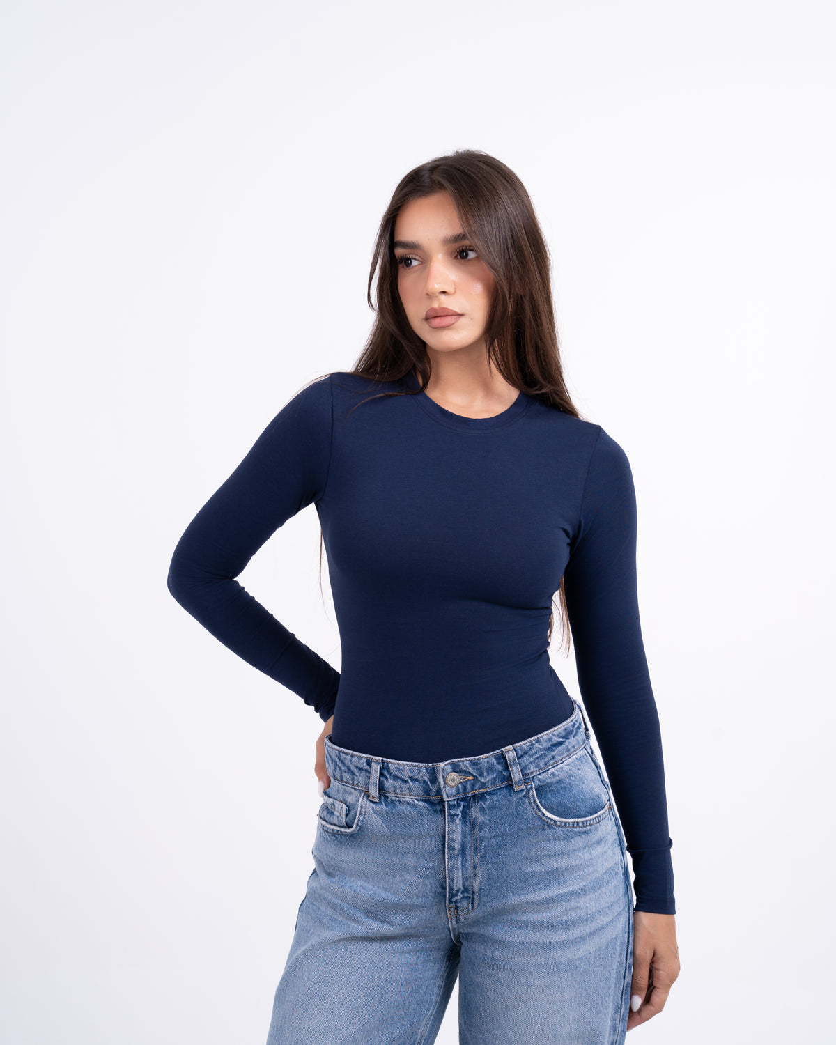 ROUND LONG SLEEVE COTTON TOP - NAVY BLUE