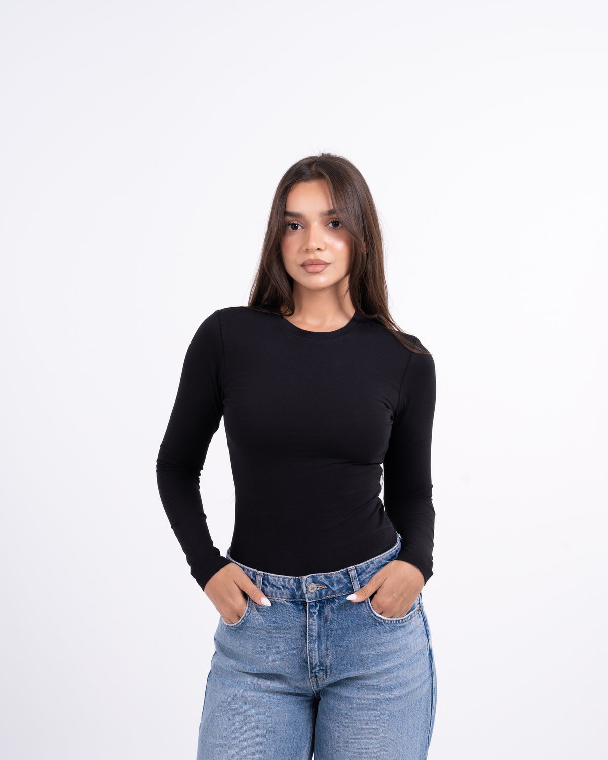 ROUND LONG SLEEVE COTTON TOP - BLACK