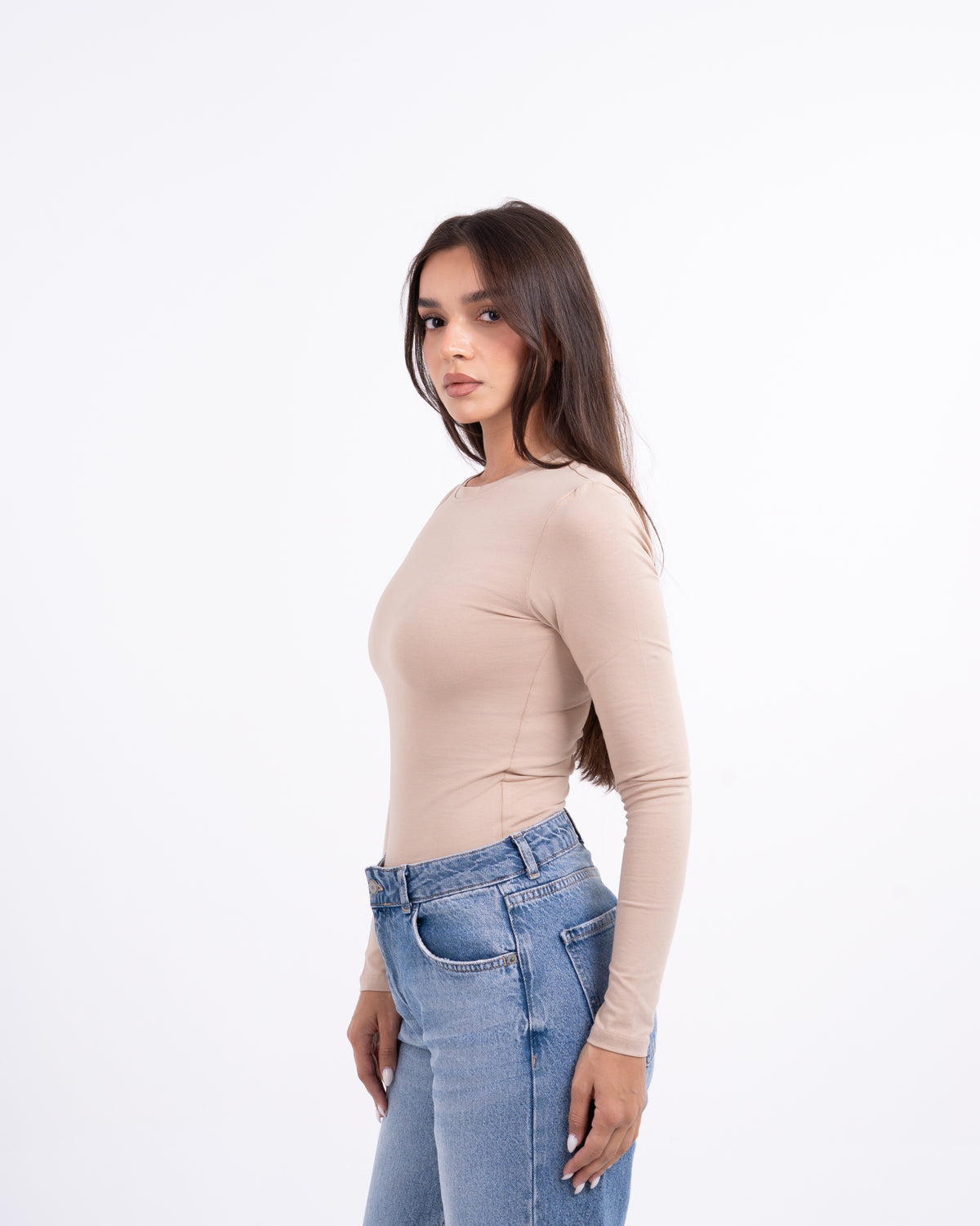 ROUND LONG SLEEVE COTTON TOP - BEIGE