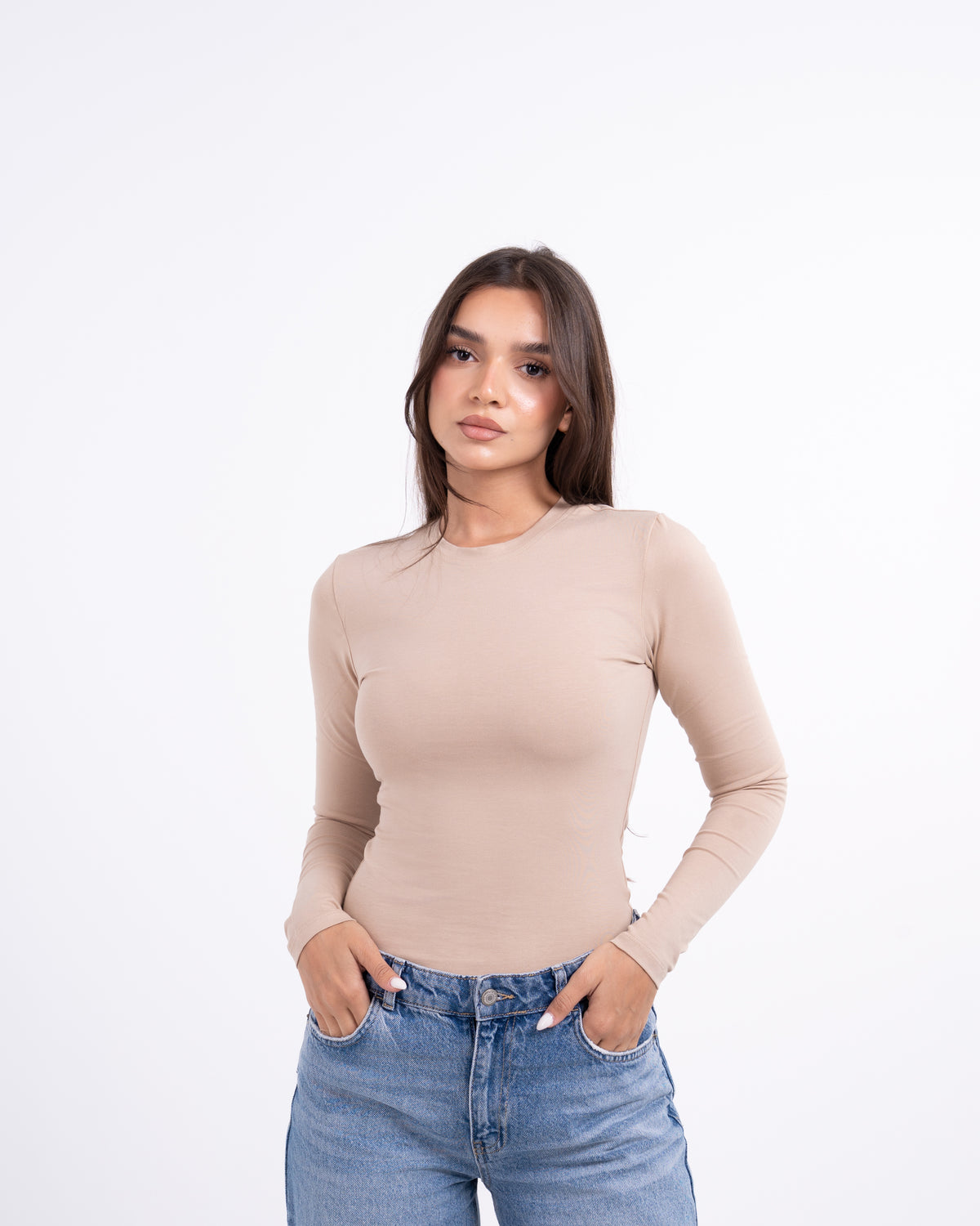 ROUND LONG SLEEVE COTTON TOP - BEIGE