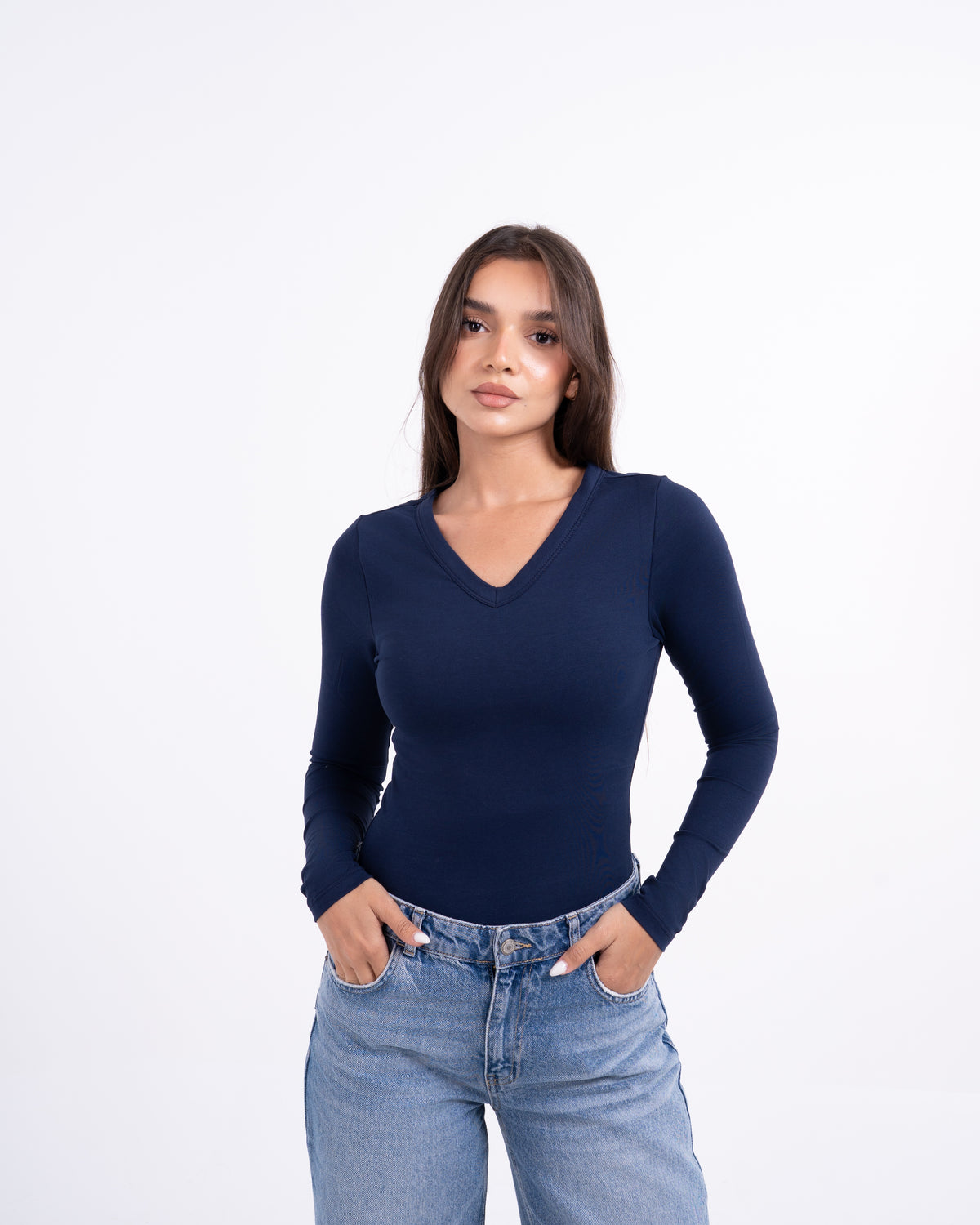 V-NECK LONG SLEEVE COTTON TOP - NAVY BLUE