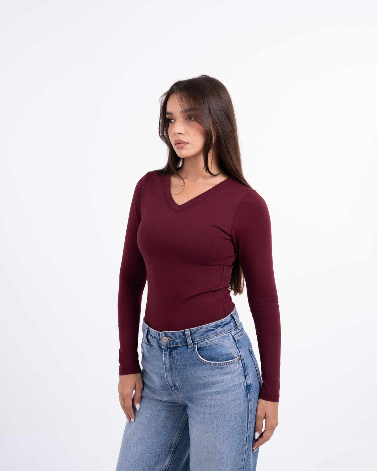 V-NECK LONG SLEEVE COTTON TOP - BURGUNDY