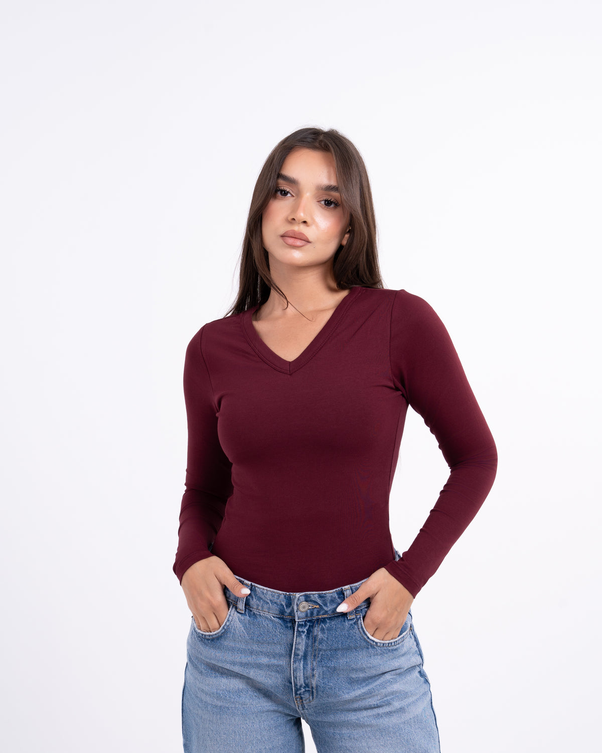V-NECK LONG SLEEVE COTTON TOP - BURGUNDY