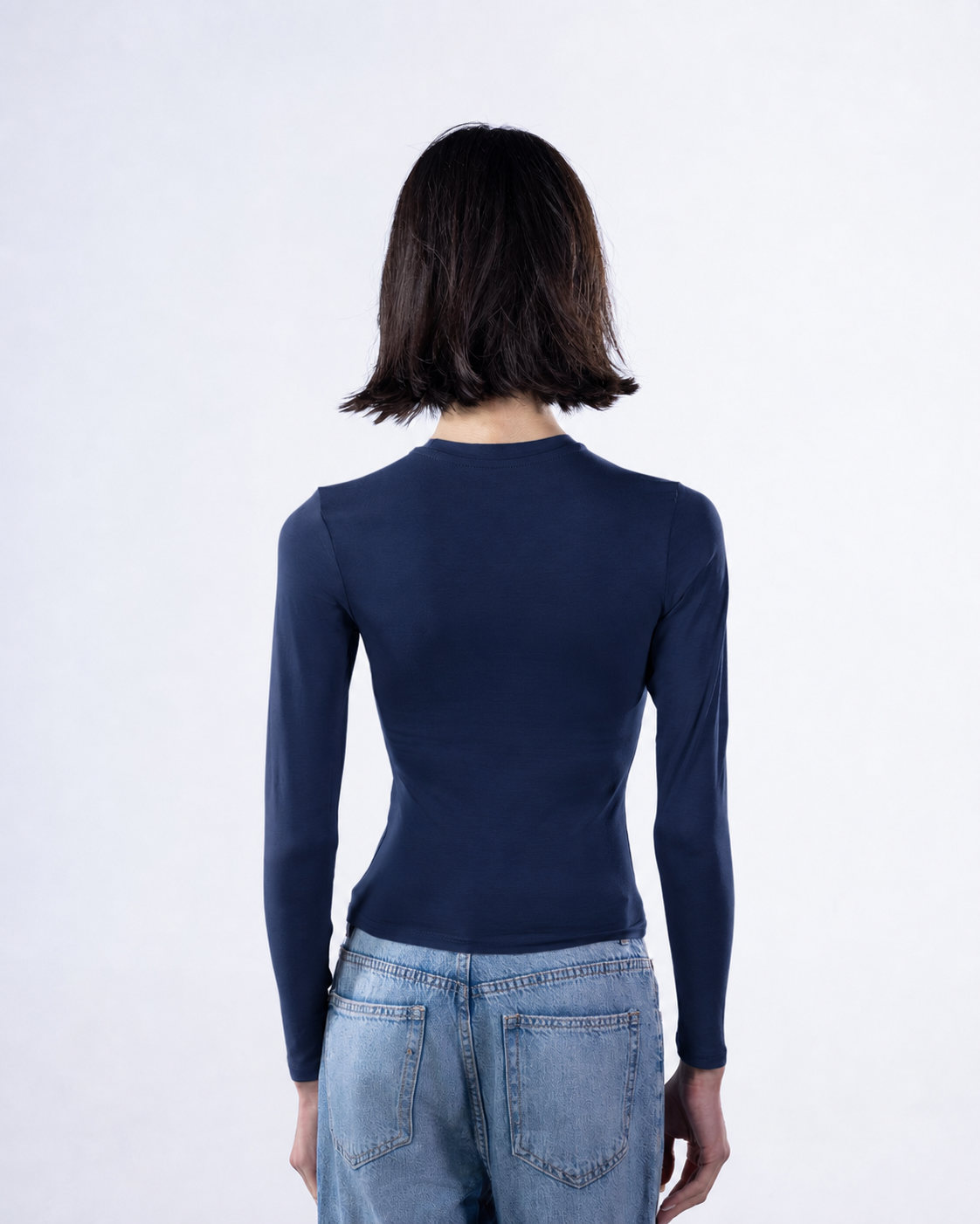 ROUND LONG SLEEVE COTTON TOP - NAVY BLUE
