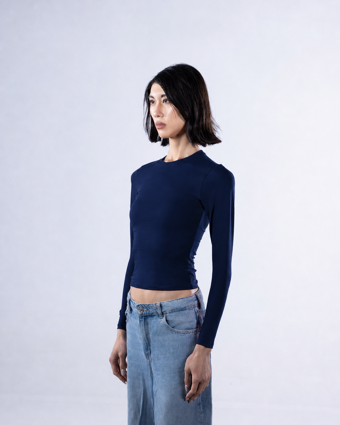 ROUND LONG SLEEVE COTTON TOP - NAVY BLUE