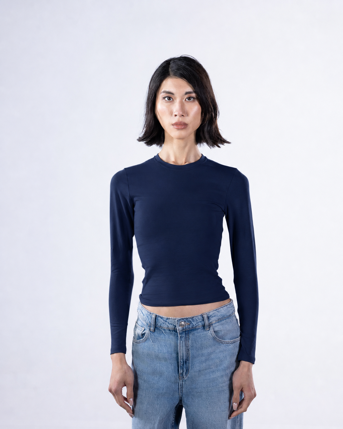 ROUND LONG SLEEVE COTTON TOP - NAVY BLUE